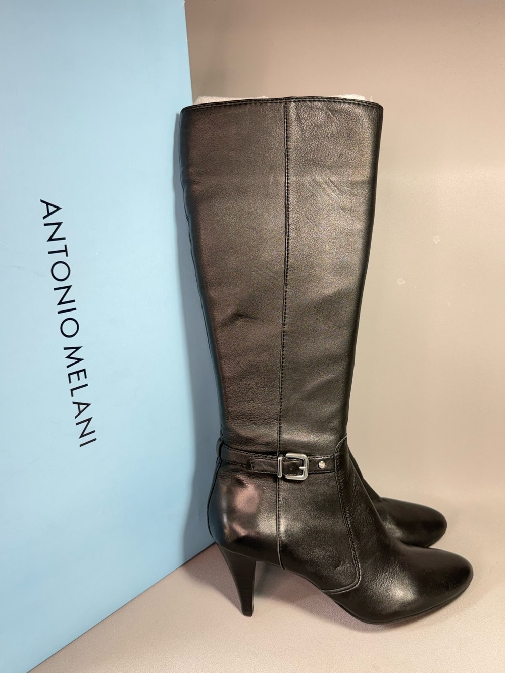 Antonio Melani Neena Black Leather Knee-High Heeled Boots